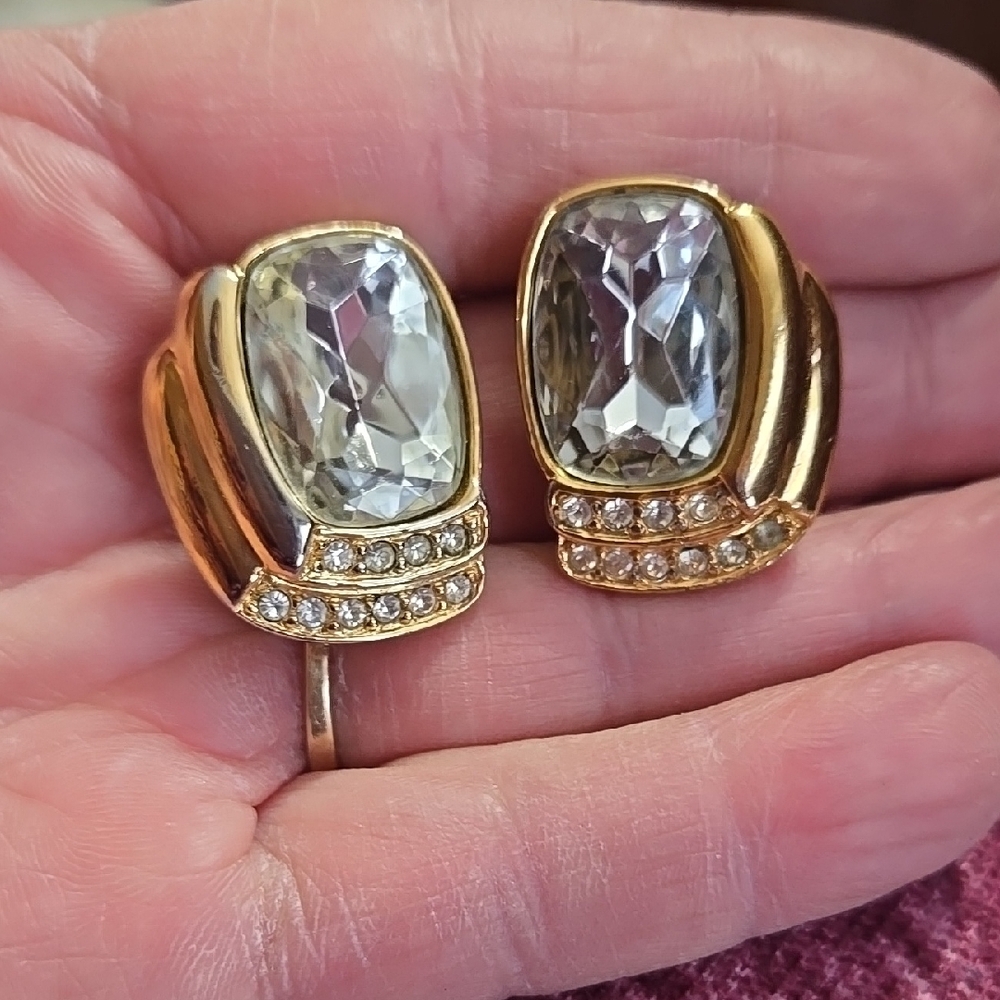 Vintage 1990's Monet Gold and Rhinestone Crystal Clip Earrings Signed